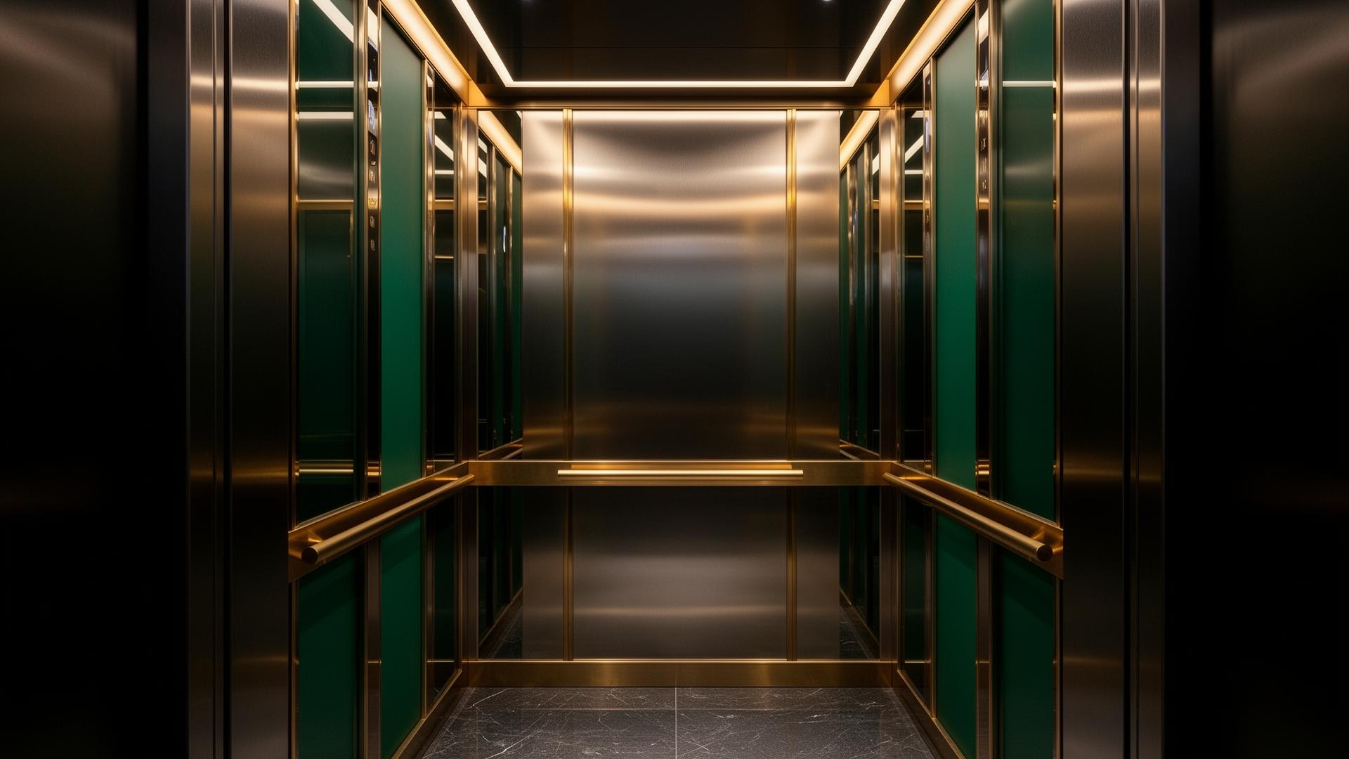 Luxury elevator cabin interior with emerald and gold accents